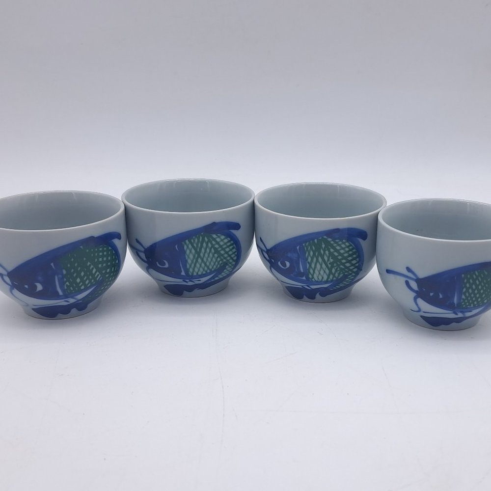 Four Sake or Tea Cups New Vintage Fish Theme